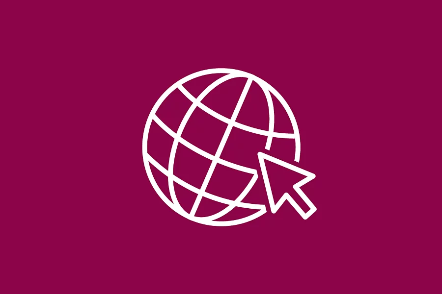 暗赤色の背景に地球儀が描かれた白いアイコン